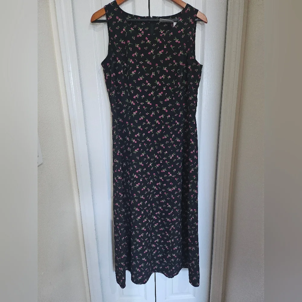 Kathy Lee Collection Black Floral Midi Dress Womens co Sleeveless Vintage Sz 8 - Picture 4 of 11